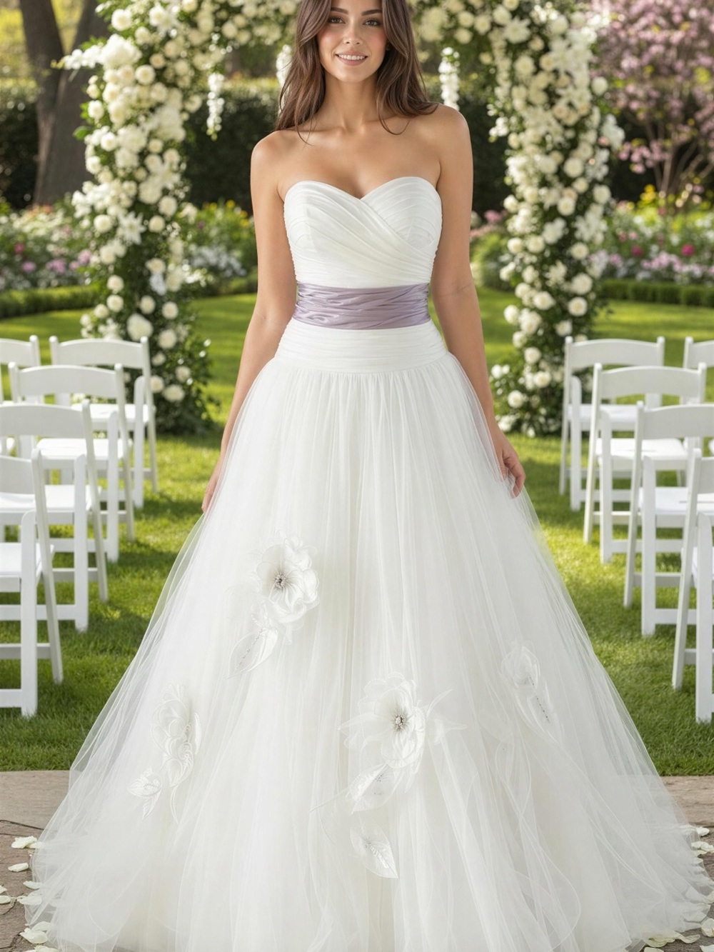 Jasmine Strapless White Wedding Gown with Lavender Sash